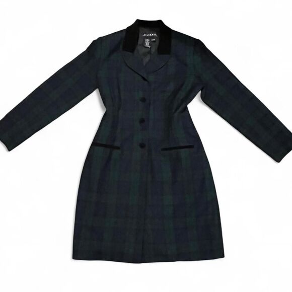 Classy Vintage Green Plaid Button Down Long Sleeve Blazer Dress W/ Velvet Collar - Picture 7 of 8